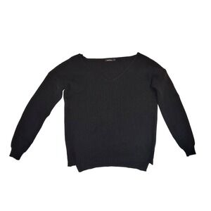 Boohoo Black V Neck Ribbed Knit Pullover Sweater XS